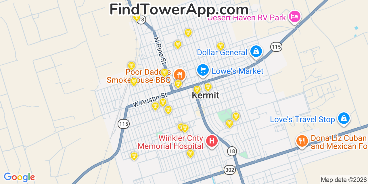 Map showing the 20 primary cell tower locations detected in Kermit, Texas from AT&T, Verizon, and T-Mobile networks