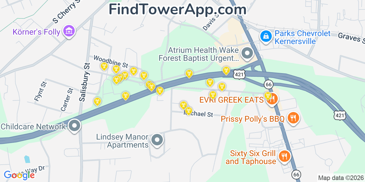 Map showing the 20 primary cell tower locations detected in Kernersville, North Carolina from AT&T, Verizon, and T-Mobile networks