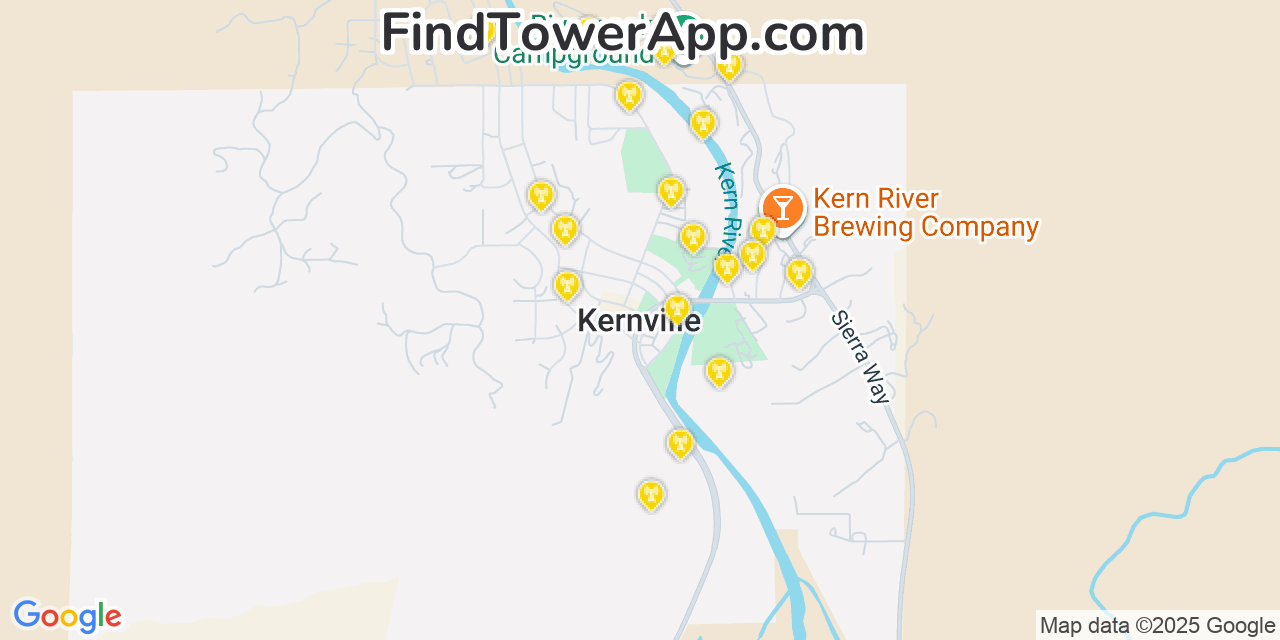 Map showing the 20 primary cell tower locations detected in Kernville, California from AT&T, Verizon, and T-Mobile networks