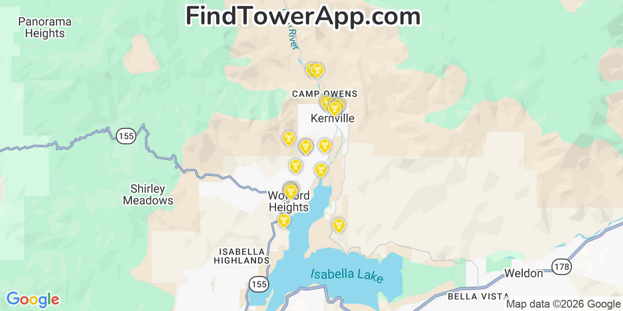 Map showing the 20 primary cell tower locations detected in Kernville, California from AT&T, Verizon, and T-Mobile networks