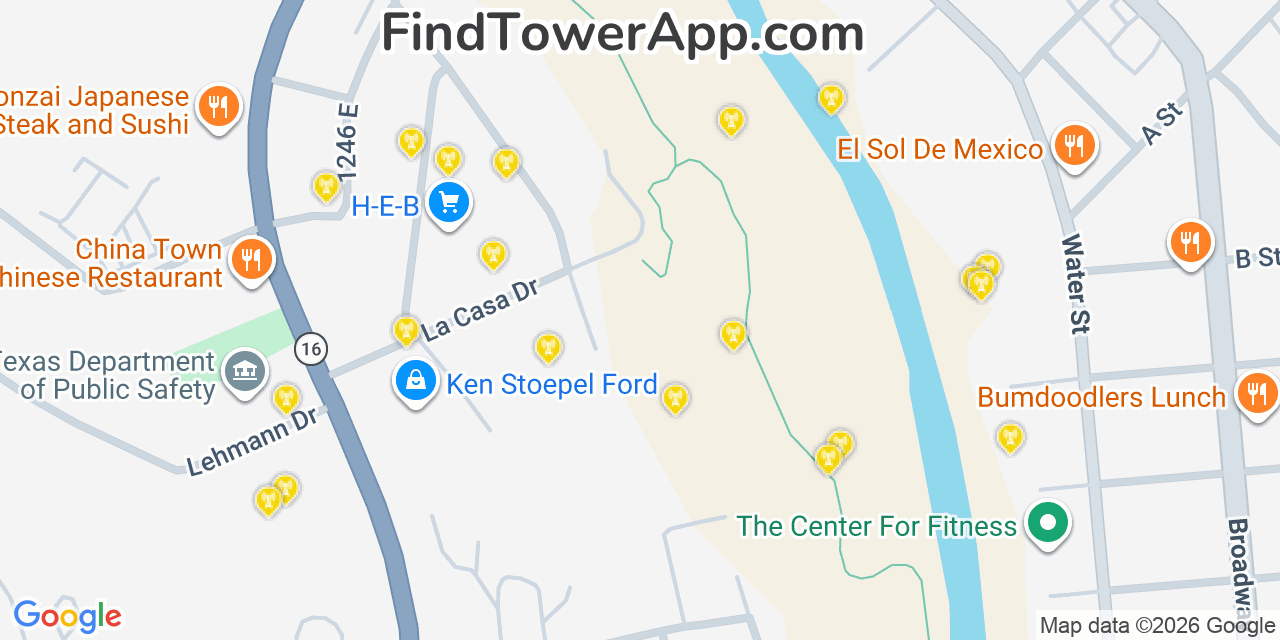 Map showing the 20 primary cell tower locations detected in Kerrville, Texas from AT&T, Verizon, and T-Mobile networks
