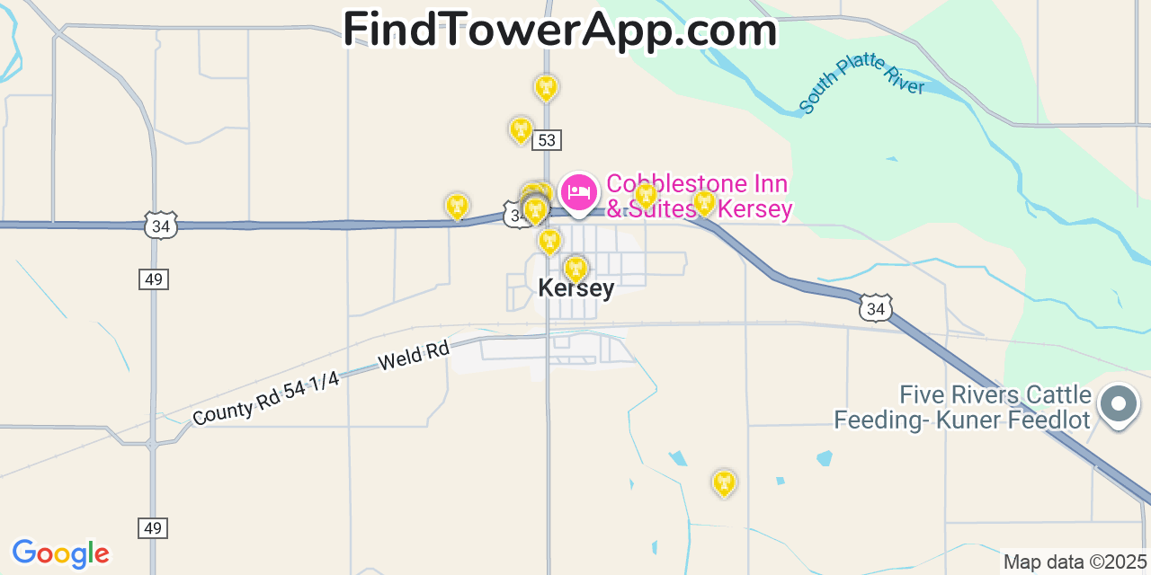 Map showing the 20 primary cell tower locations detected in Kersey, Colorado from AT&T, Verizon, and T-Mobile networks