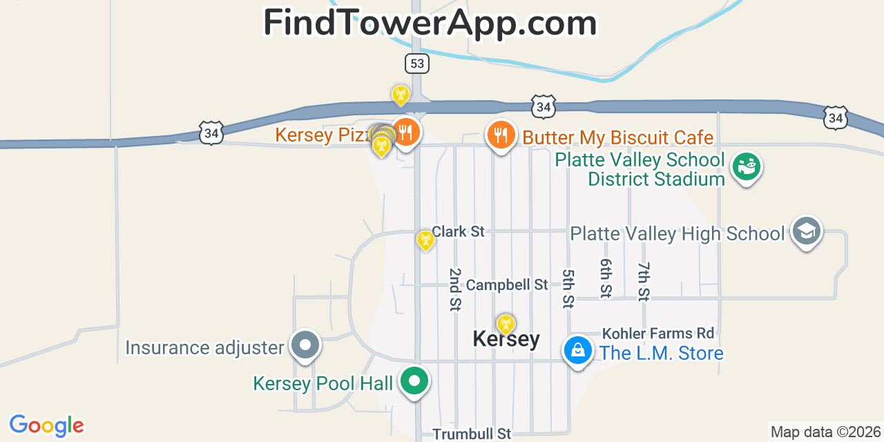 Map showing the 20 primary cell tower locations detected in Kersey, Colorado from AT&T, Verizon, and T-Mobile networks