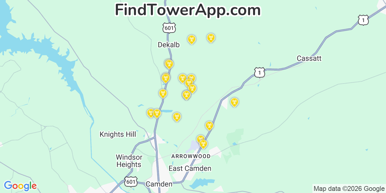 Map showing the 20 primary cell tower locations detected in Kershaw, South Carolina from AT&T, Verizon, and T-Mobile networks