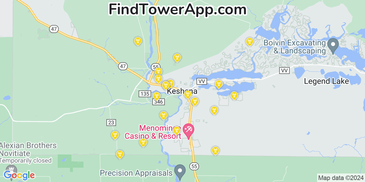 AT&T 4G/5G cell tower coverage map Keshena, Wisconsin