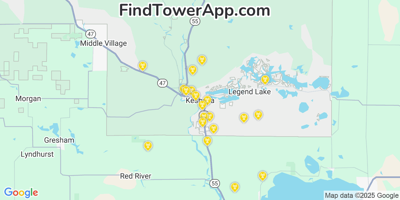 Map showing the 20 primary cell tower locations detected in Keshena, Wisconsin from AT&T, Verizon, and T-Mobile networks