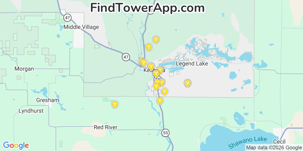 Map showing the 20 primary cell tower locations detected in Keshena, Wisconsin from AT&T, Verizon, and T-Mobile networks