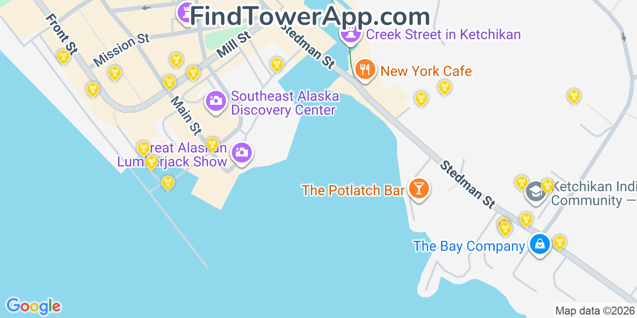 Map showing the 20 primary cell tower locations detected in Ketchikan, Alaska from AT&T, Verizon, and T-Mobile networks