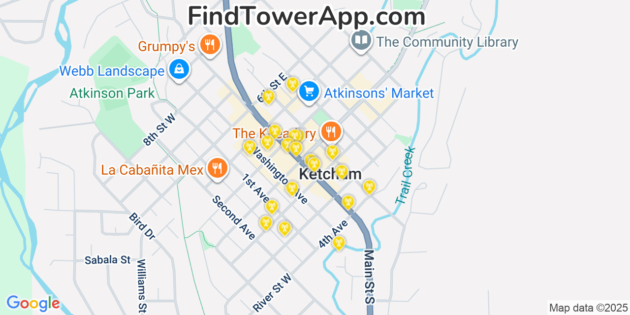 Map showing the 20 primary cell tower locations detected in Ketchum, Idaho from AT&T, Verizon, and T-Mobile networks