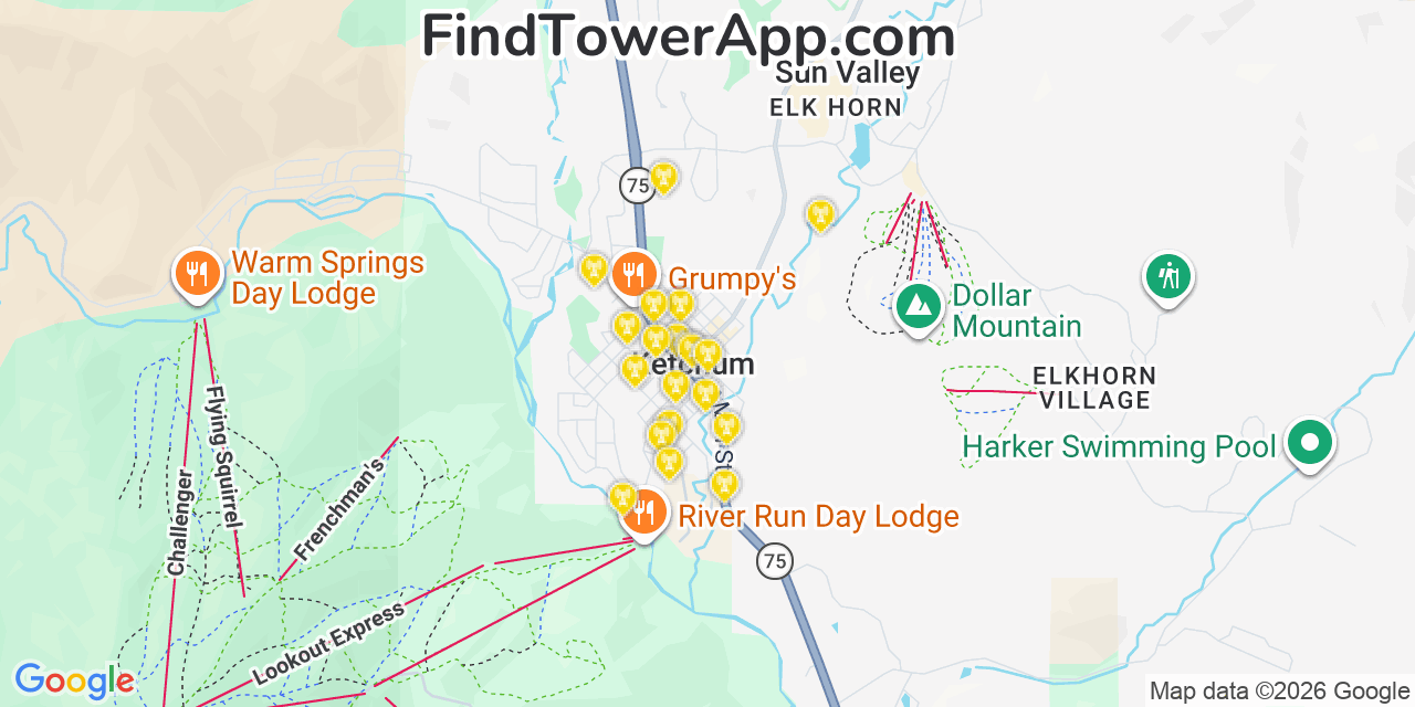 Map showing the 20 primary cell tower locations detected in Ketchum, Idaho from AT&T, Verizon, and T-Mobile networks