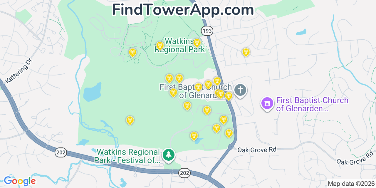 Map showing the 20 primary cell tower locations detected in Kettering, Maryland from AT&T, Verizon, and T-Mobile networks