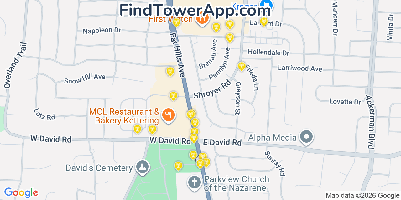 Map showing the 20 primary cell tower locations detected in Kettering, Ohio from AT&T, Verizon, and T-Mobile networks