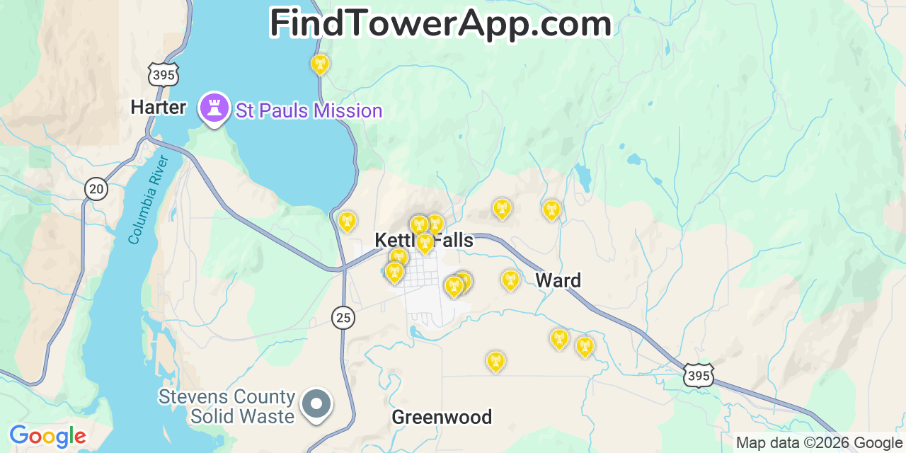 Map showing the 20 primary cell tower locations detected in Kettle Falls, Washington from AT&T, Verizon, and T-Mobile networks