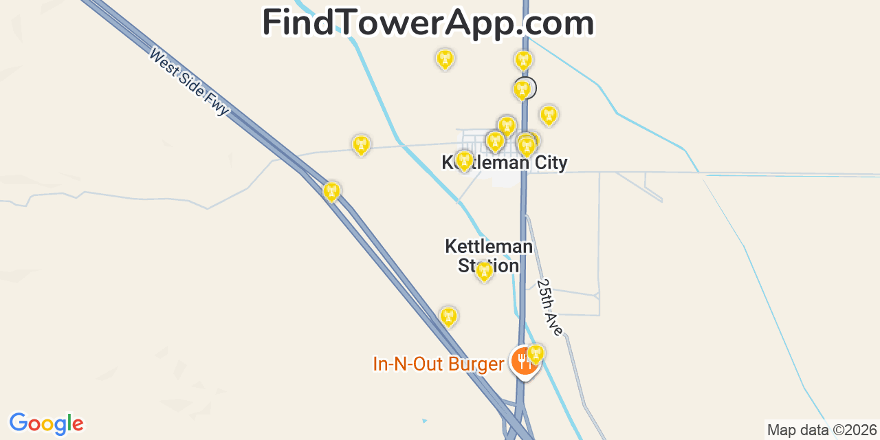 Map showing the 20 primary cell tower locations detected in Kettleman City, California from AT&T, Verizon, and T-Mobile networks