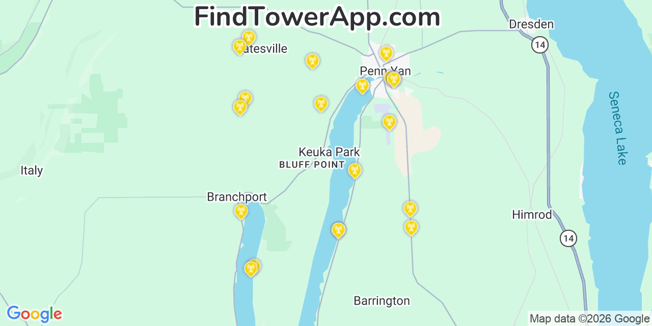 Map showing the 20 primary cell tower locations detected in Keuka Park, New York from AT&T, Verizon, and T-Mobile networks