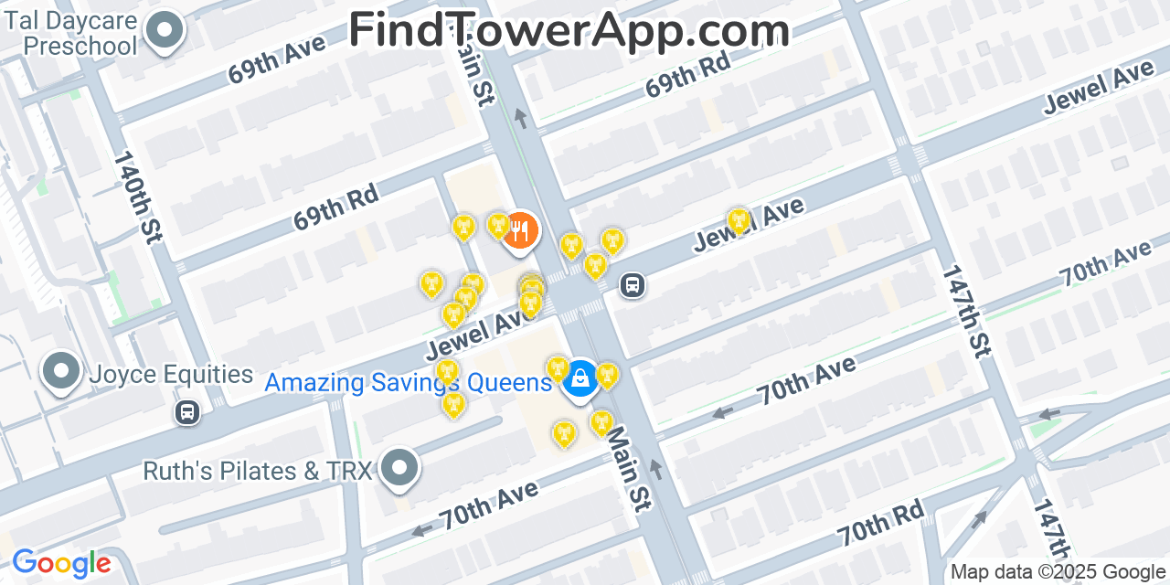 Map showing the 20 primary cell tower locations detected in Kew Gardens Hills, New York from AT&T, Verizon, and T-Mobile networks