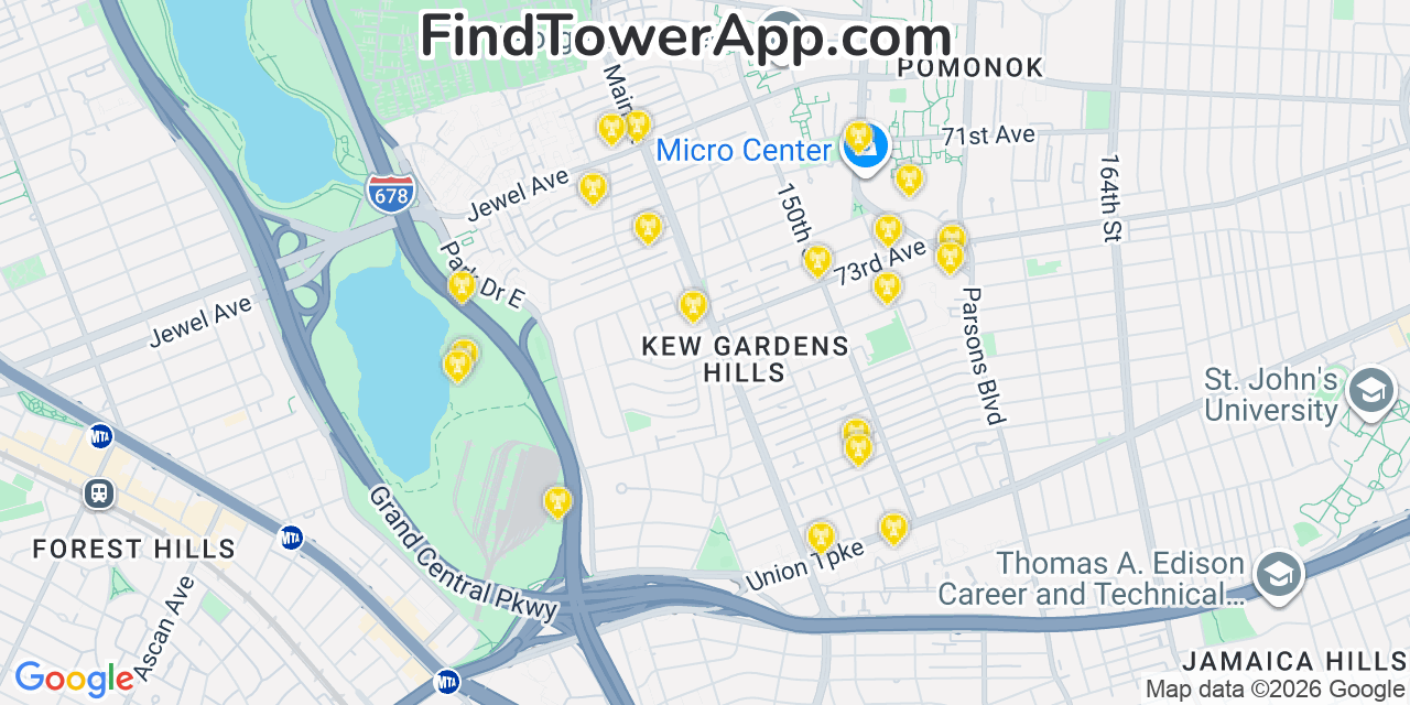 Map showing the 20 primary cell tower locations detected in Kew Gardens Hills, New York from AT&T, Verizon, and T-Mobile networks