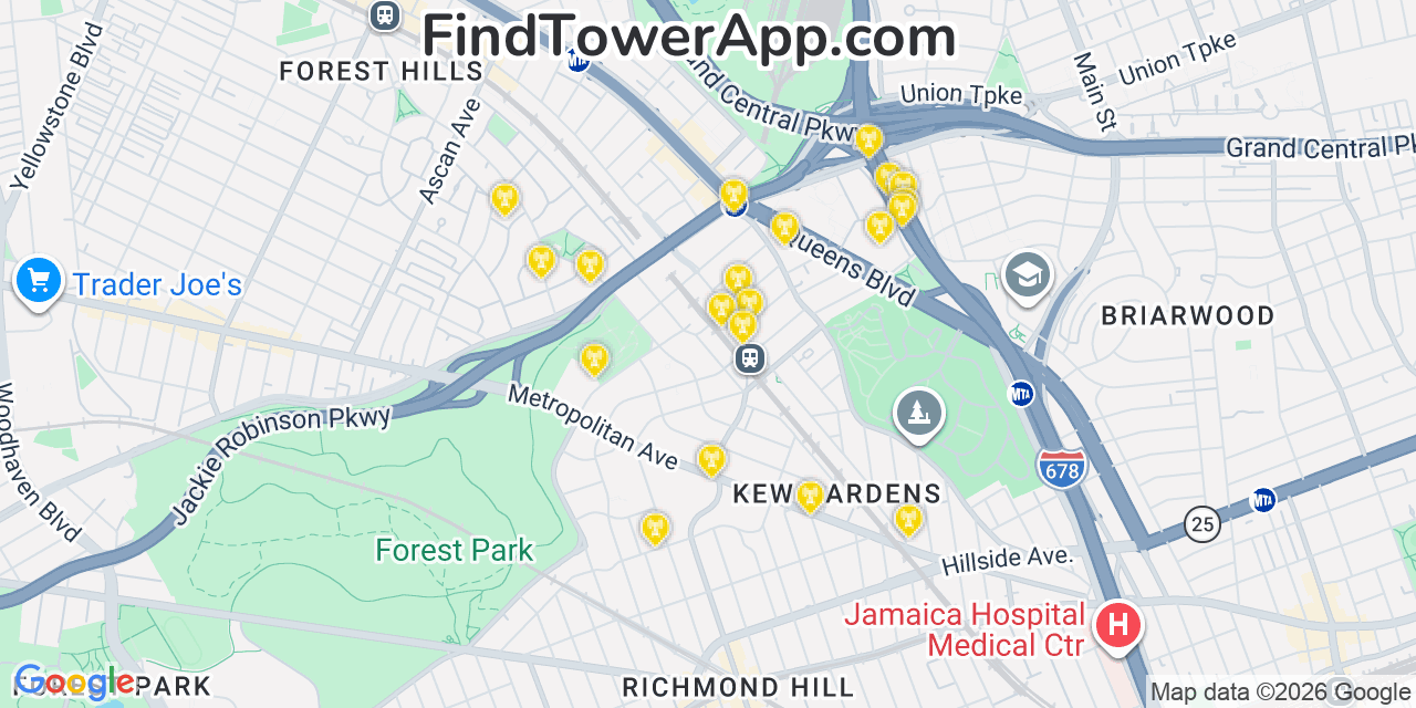Map showing the 20 primary cell tower locations detected in Kew Gardens, New York from AT&T, Verizon, and T-Mobile networks