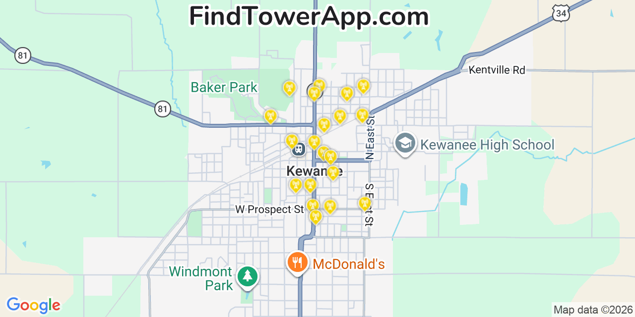 Map showing the 20 primary cell tower locations detected in Kewanee, Illinois from AT&T, Verizon, and T-Mobile networks