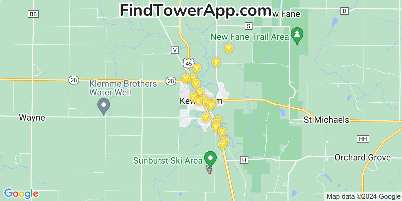 AT&T 4G/5G cell tower coverage map Kewaskum, Wisconsin