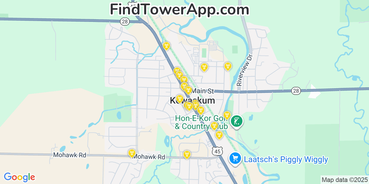 Map showing the 20 primary cell tower locations detected in Kewaskum, Wisconsin from AT&T, Verizon, and T-Mobile networks