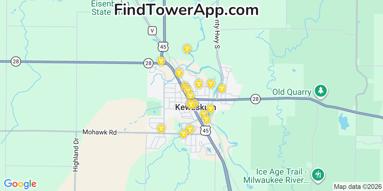 Map showing the 20 primary cell tower locations detected in Kewaskum, Wisconsin from AT&T, Verizon, and T-Mobile networks