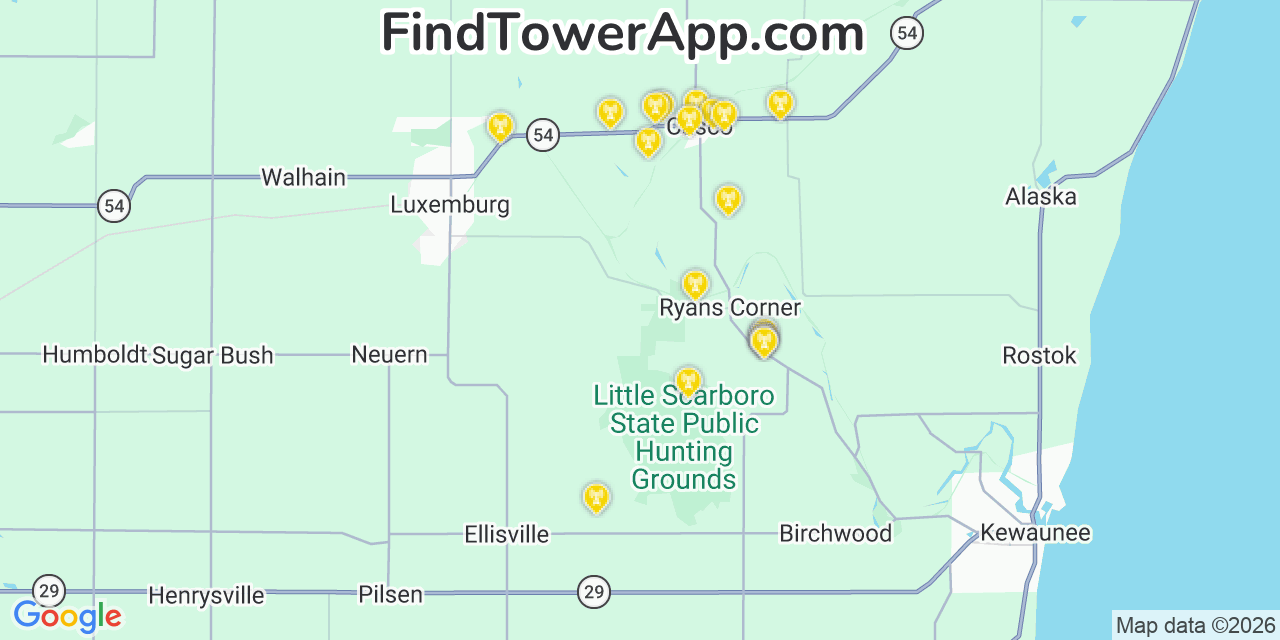 Map showing the 20 primary cell tower locations detected in Kewaunee, Wisconsin from AT&T, Verizon, and T-Mobile networks