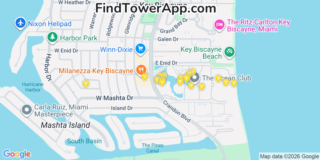 Map showing the 20 primary cell tower locations detected in Key Biscayne, Florida from AT&T, Verizon, and T-Mobile networks