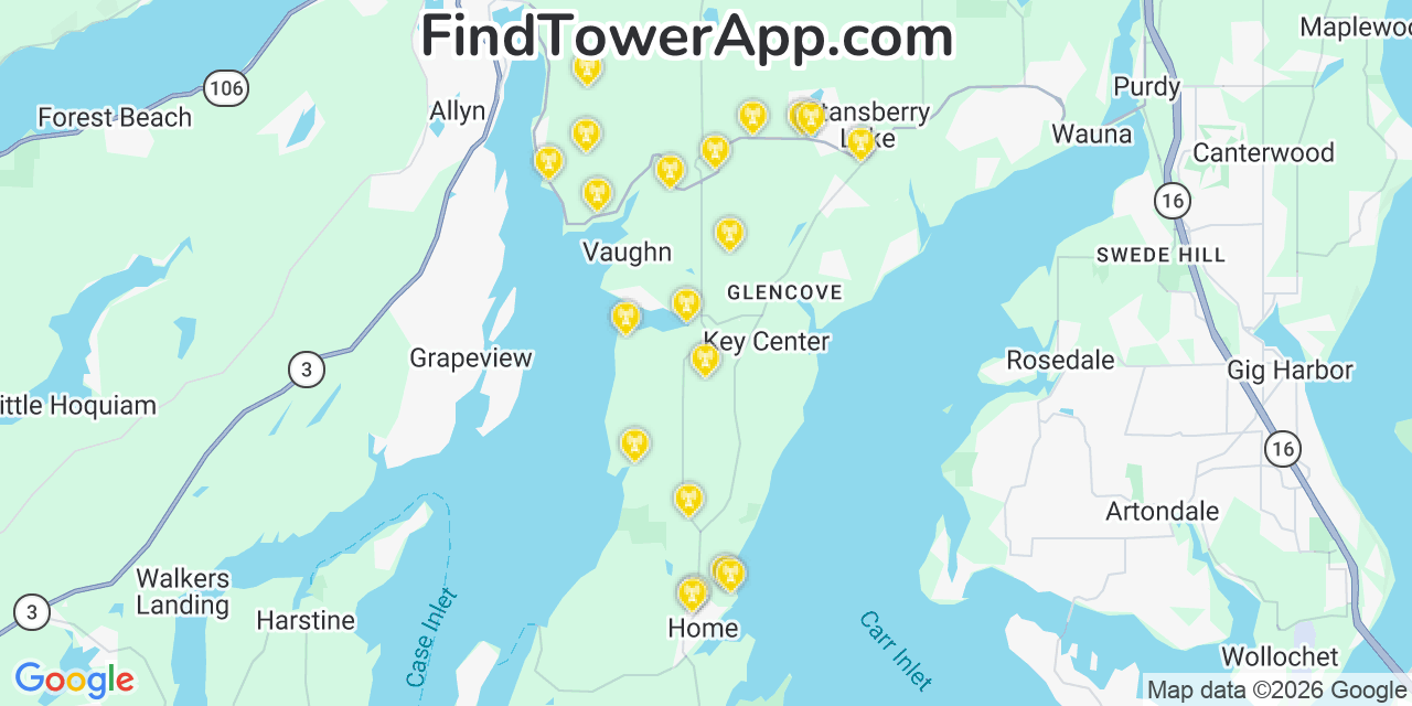 Map showing the 20 primary cell tower locations detected in Key Center, Washington from AT&T, Verizon, and T-Mobile networks