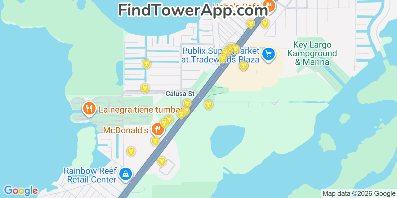 Map showing the 20 primary cell tower locations detected in Key Largo, Florida from AT&T, Verizon, and T-Mobile networks