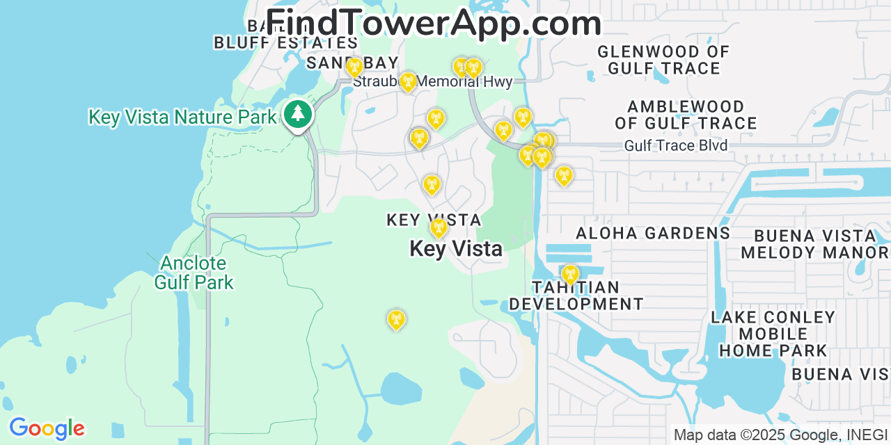 Map showing the 20 primary cell tower locations detected in Key Vista, Florida from AT&T, Verizon, and T-Mobile networks