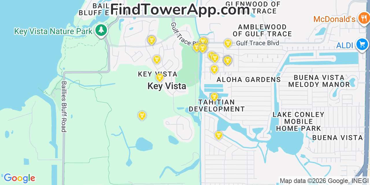 Map showing the 20 primary cell tower locations detected in Key Vista, Florida from AT&T, Verizon, and T-Mobile networks