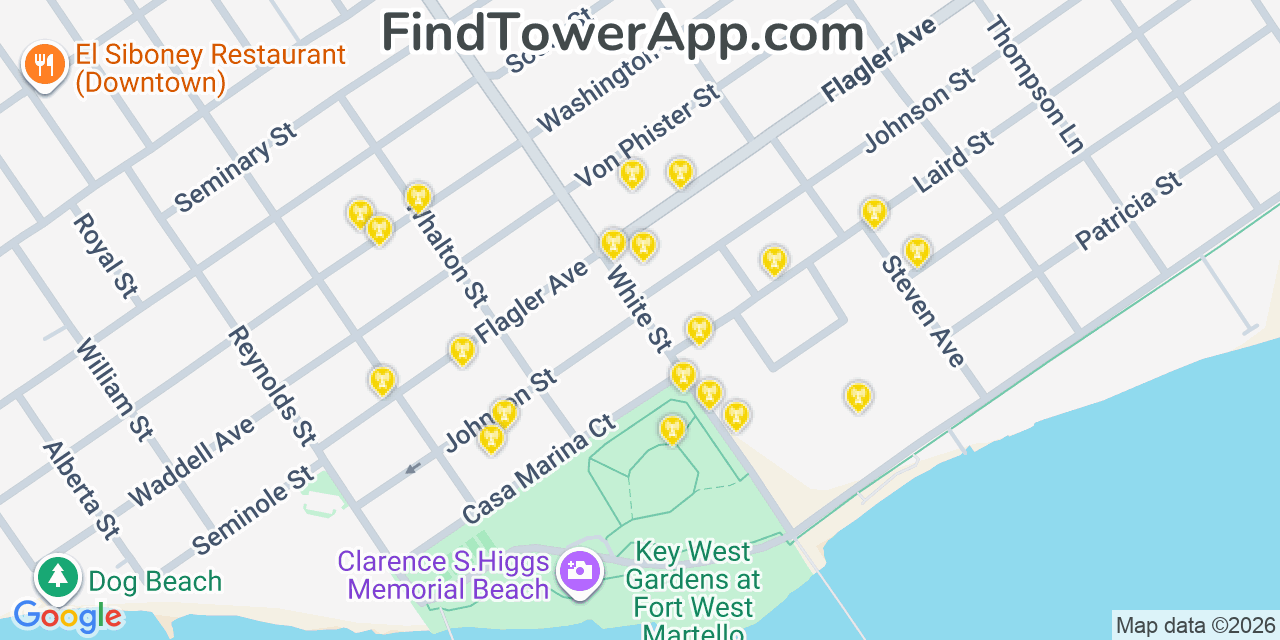Map showing the 20 primary cell tower locations detected in Key West, Florida from AT&T, Verizon, and T-Mobile networks