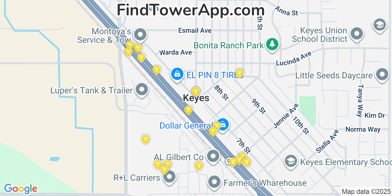 Map showing the 20 primary cell tower locations detected in Keyes, California from AT&T, Verizon, and T-Mobile networks