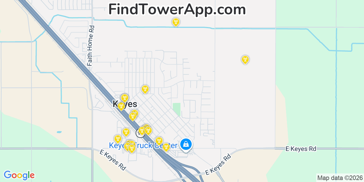 Map showing the 20 primary cell tower locations detected in Keyes, California from AT&T, Verizon, and T-Mobile networks