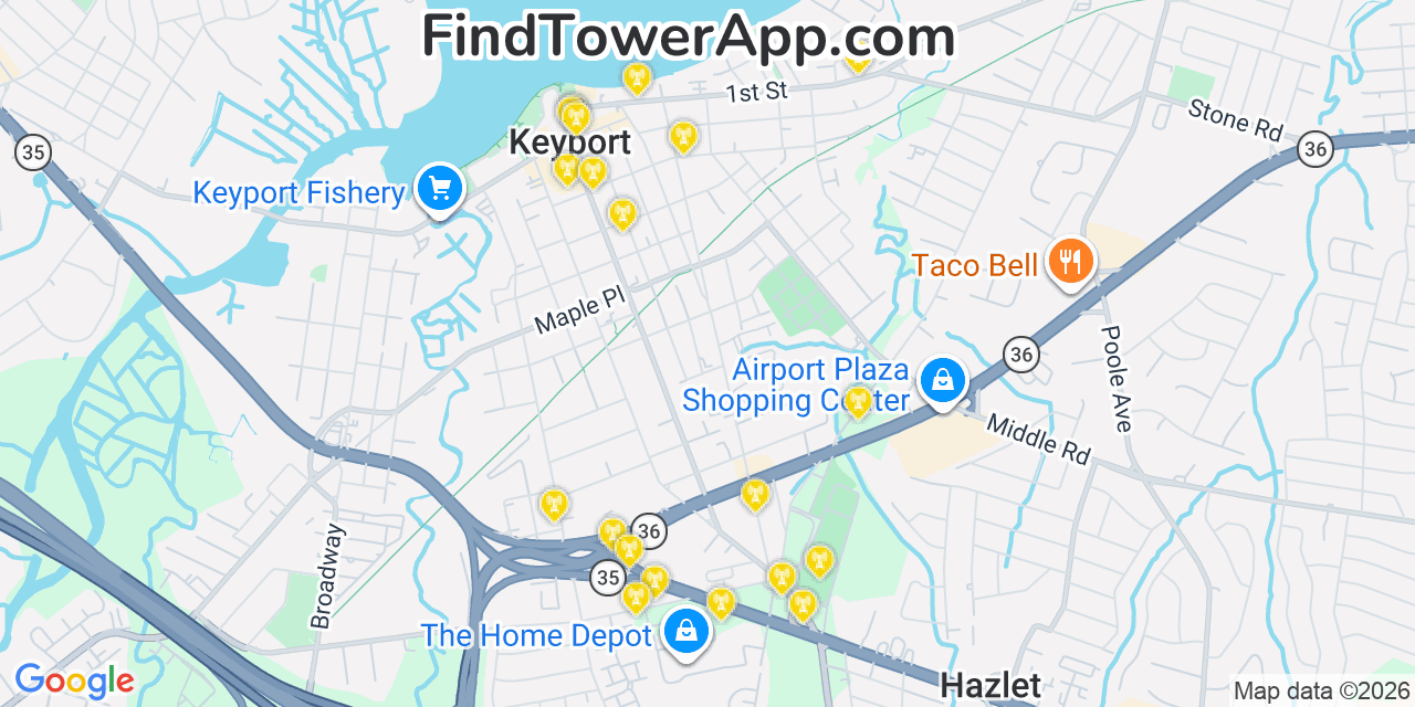 Map showing the 20 primary cell tower locations detected in Keyport, New Jersey from AT&T, Verizon, and T-Mobile networks