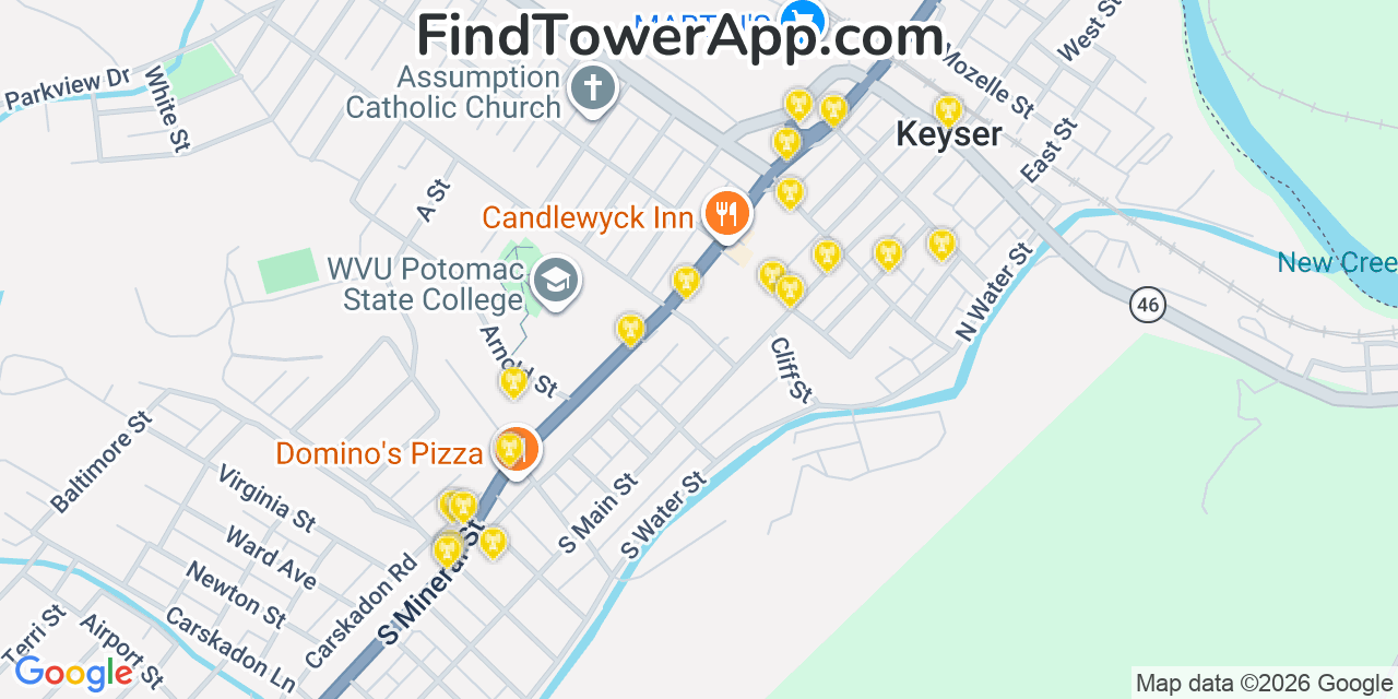 Map showing the 20 primary cell tower locations detected in Keyser, West Virginia from AT&T, Verizon, and T-Mobile networks