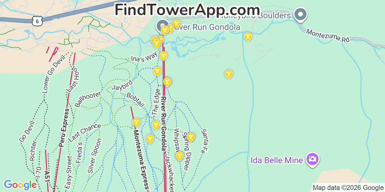 Map showing the 20 primary cell tower locations detected in Keystone, Colorado from AT&T, Verizon, and T-Mobile networks