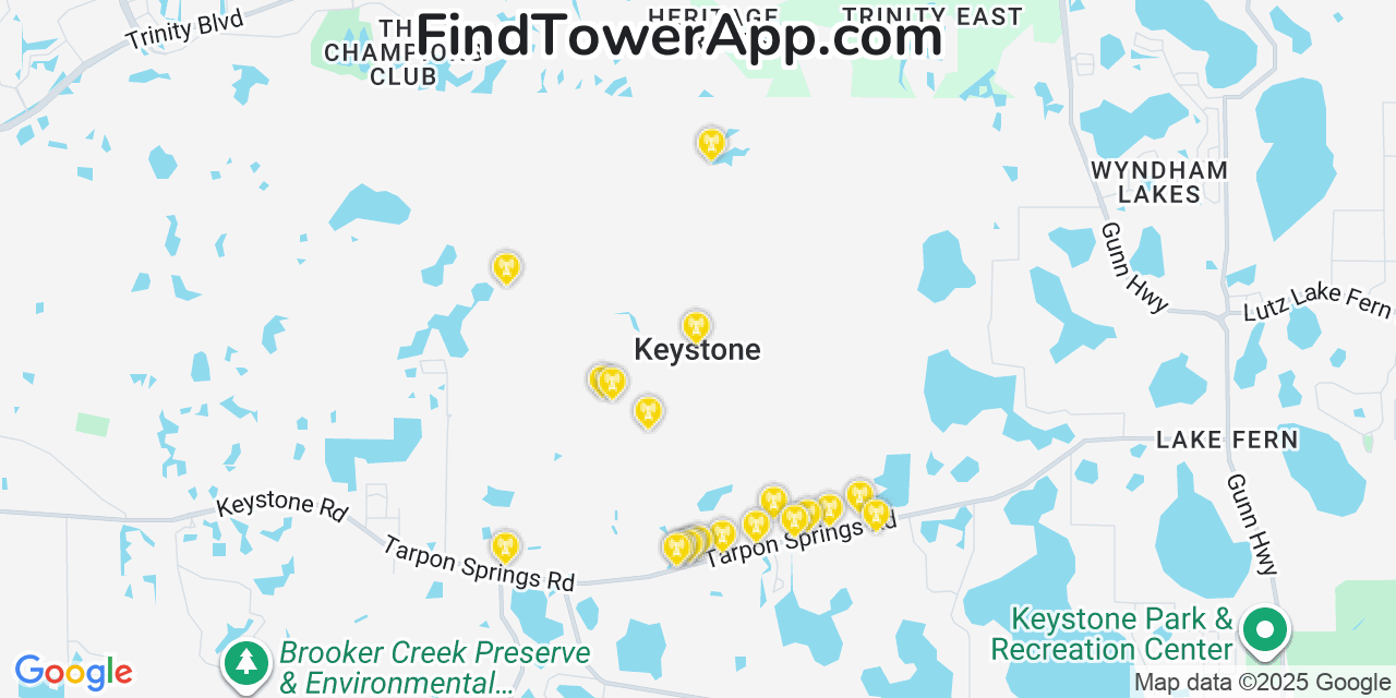 Map showing the 20 primary cell tower locations detected in Keystone, Florida from AT&T, Verizon, and T-Mobile networks