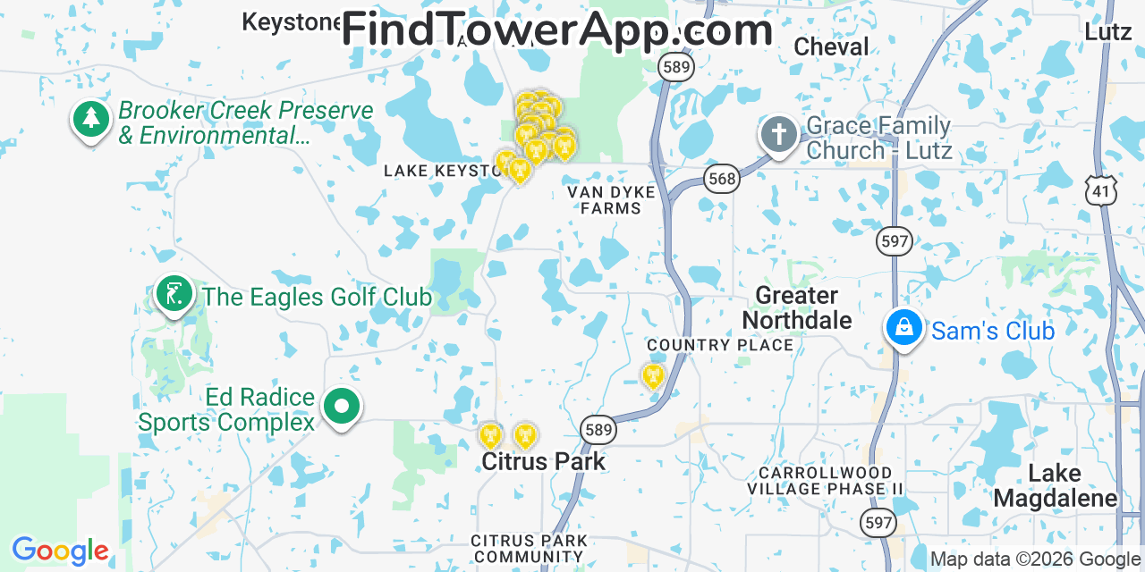 Map showing the 20 primary cell tower locations detected in Keystone, Florida from AT&T, Verizon, and T-Mobile networks