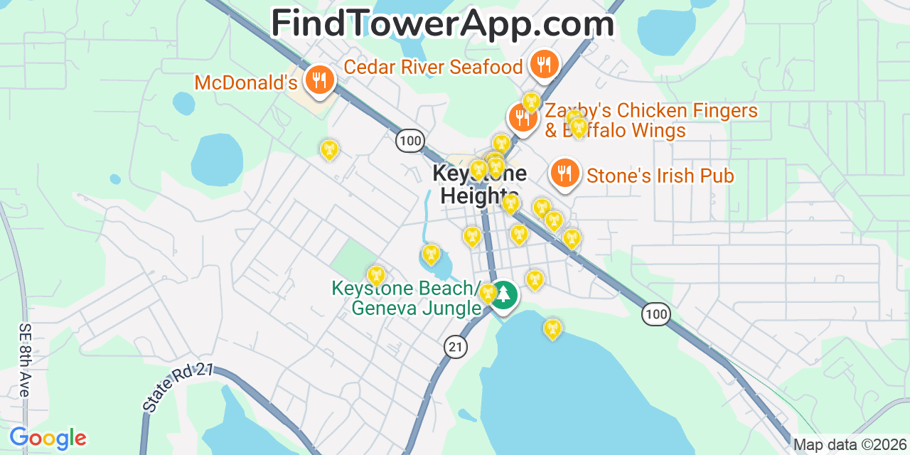Map showing the 20 primary cell tower locations detected in Keystone Heights, Florida from AT&T, Verizon, and T-Mobile networks