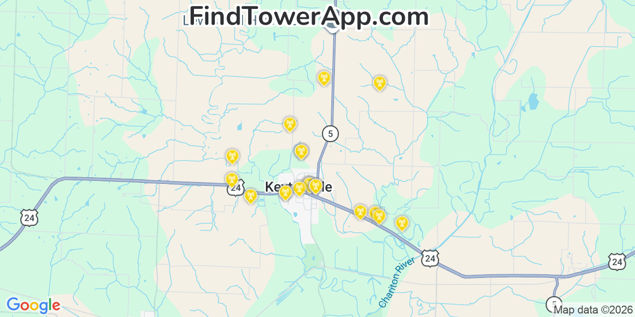 Map showing the 20 primary cell tower locations detected in Keytesville, Missouri from AT&T, Verizon, and T-Mobile networks
