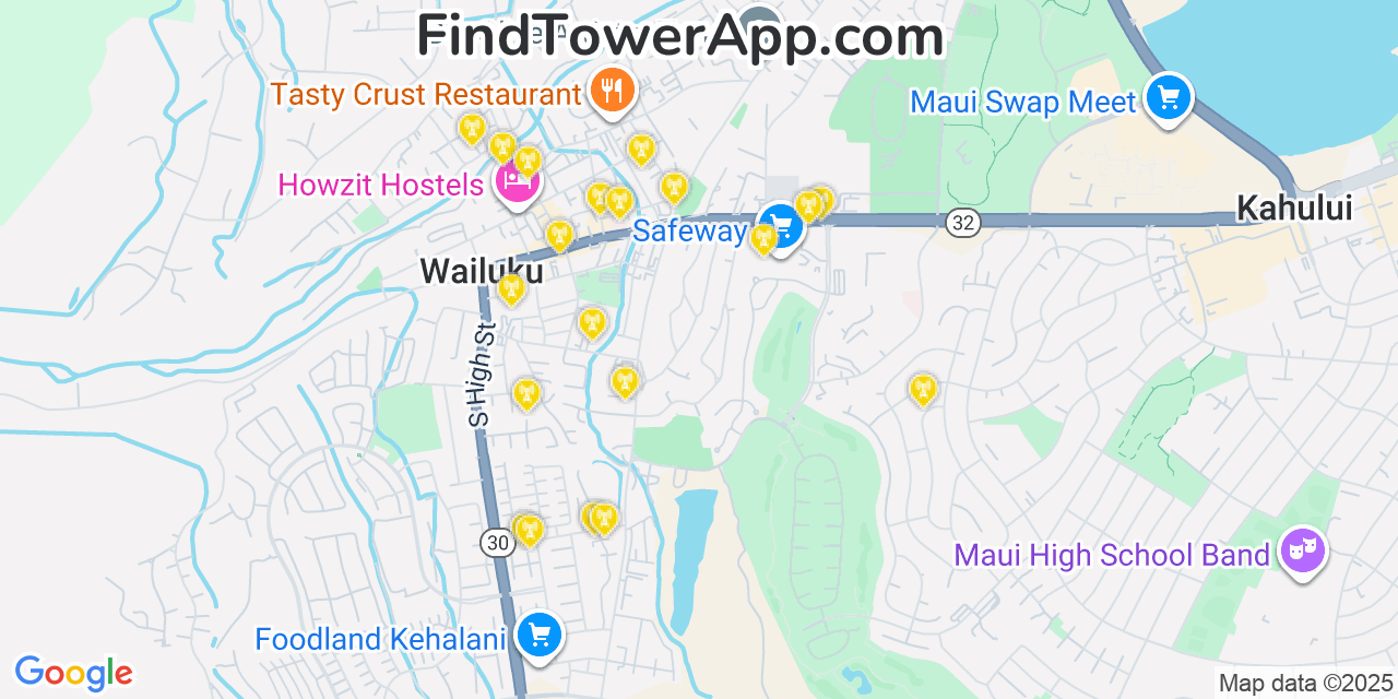 Map showing the 20 primary Verizon cell tower locations detected in Kï¾„Âˆ¥Napali, Hawaii with coverage radius and signal strength indicators