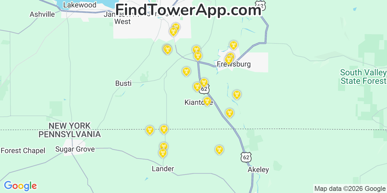 Map showing the 20 primary cell tower locations detected in Kiantone, New York from AT&T, Verizon, and T-Mobile networks