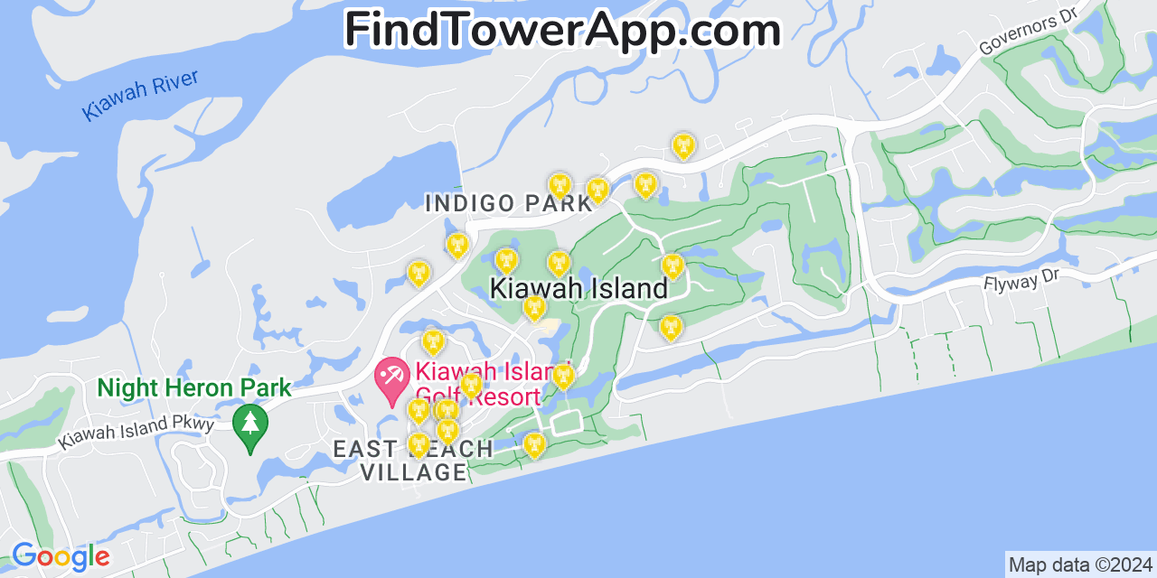 AT&T 4G/5G cell tower coverage map Kiawah Island, South Carolina