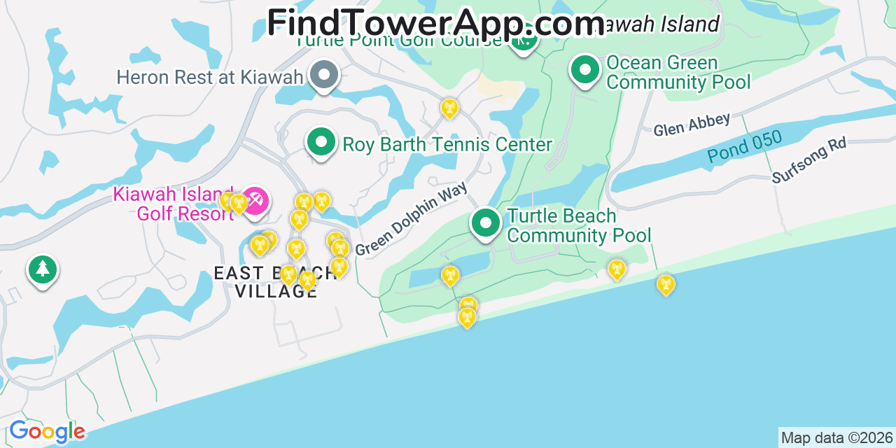 Map showing the 20 primary cell tower locations detected in Kiawah Island, South Carolina from AT&T, Verizon, and T-Mobile networks