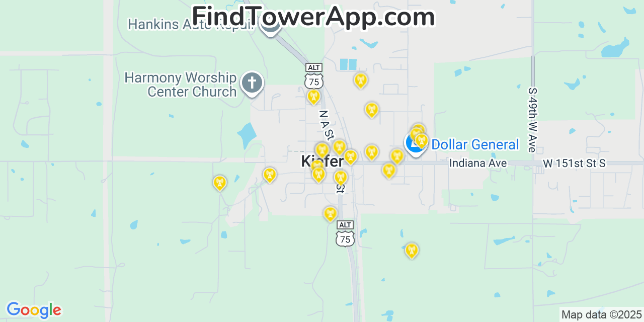 Map showing the 20 primary cell tower locations detected in Kiefer, Oklahoma from AT&T, Verizon, and T-Mobile networks