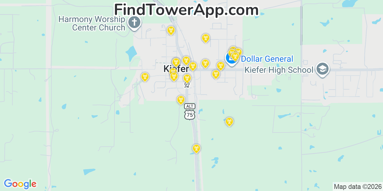 Map showing the 20 primary cell tower locations detected in Kiefer, Oklahoma from AT&T, Verizon, and T-Mobile networks