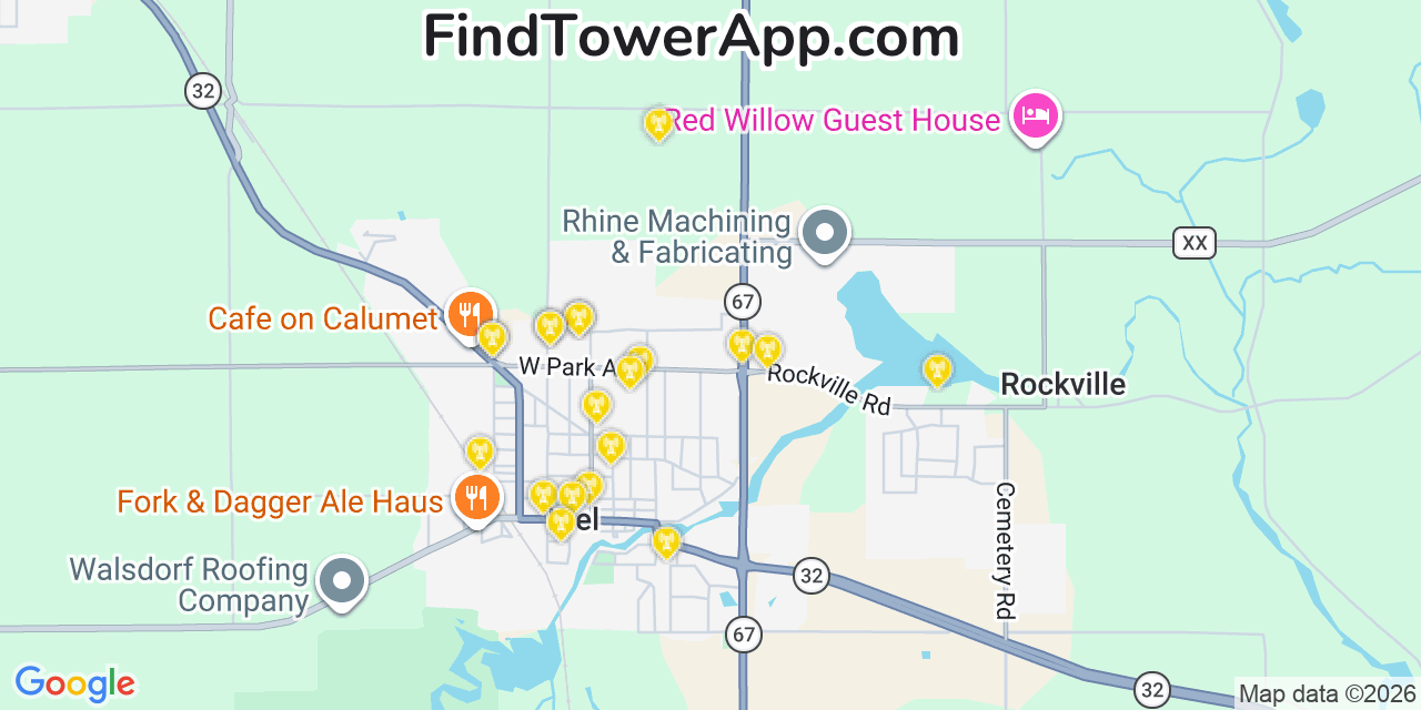 Map showing the 20 primary cell tower locations detected in Kiel, Wisconsin from AT&T, Verizon, and T-Mobile networks