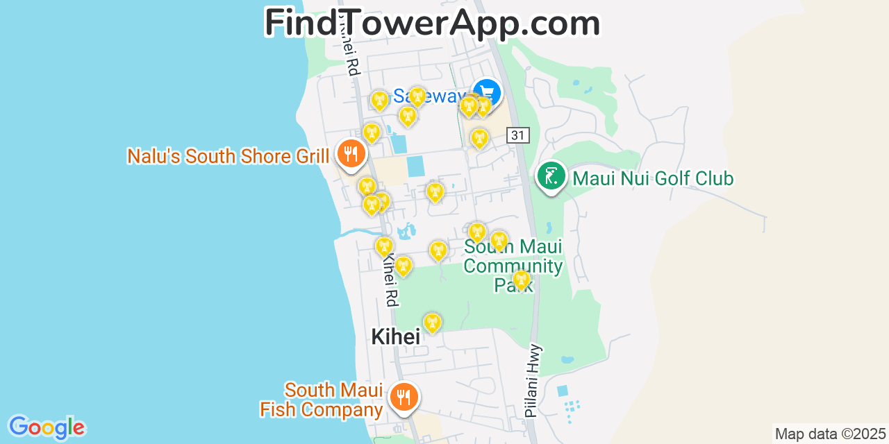 Map showing the 20 primary AT&T cell tower locations detected in Kīhei, Hawaii with coverage radius and signal strength indicators